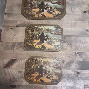 Set of three Vintage camping bear scene pictures